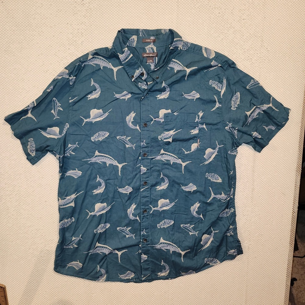 Eddie Bauer Mens XXL Teal Blue Marlin Sailfish Print Short Sleeve Button Down